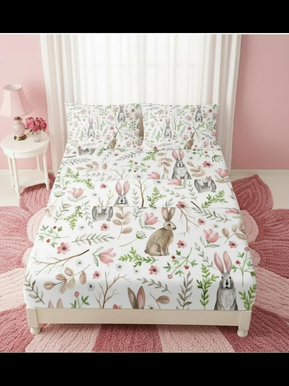 Whimsical Bunny Micro Fiber Sheet Set in White with Pink & Green Twin